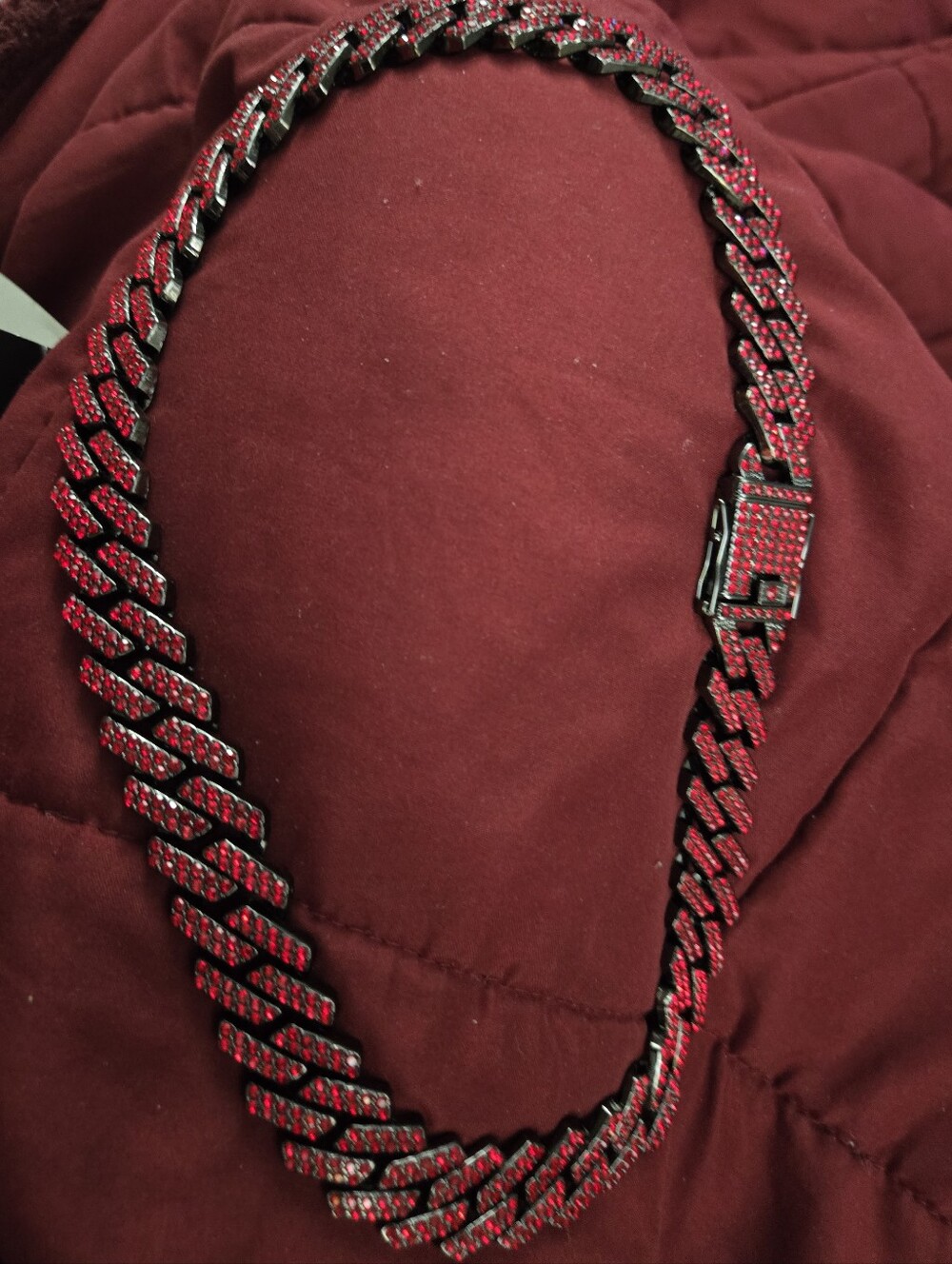 Red Crystal Black Cuban Link Necklace Mens